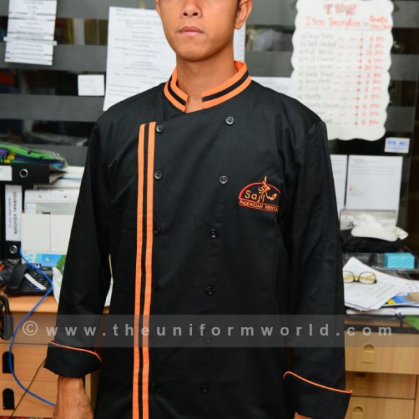 Saji Chef Jacket Black Orange 2 Uniforms Manufacturer and Supplier based in Dubai Ajman UAE